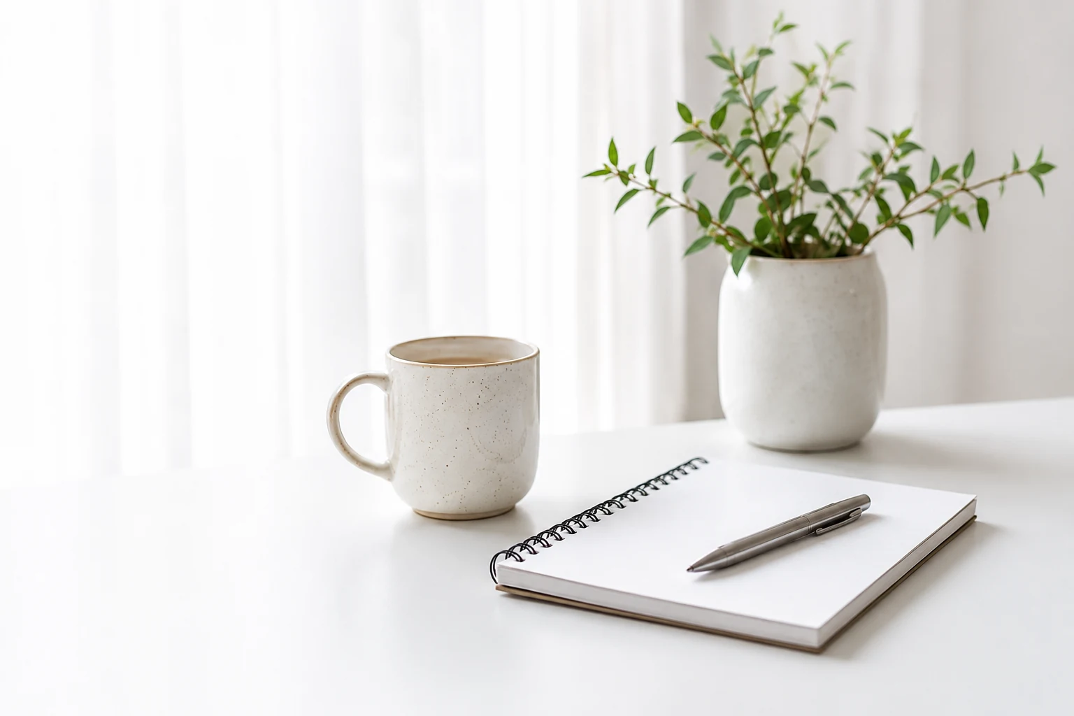 A notebook and pen beside a ceramic mug and leafy plant on a bright desk